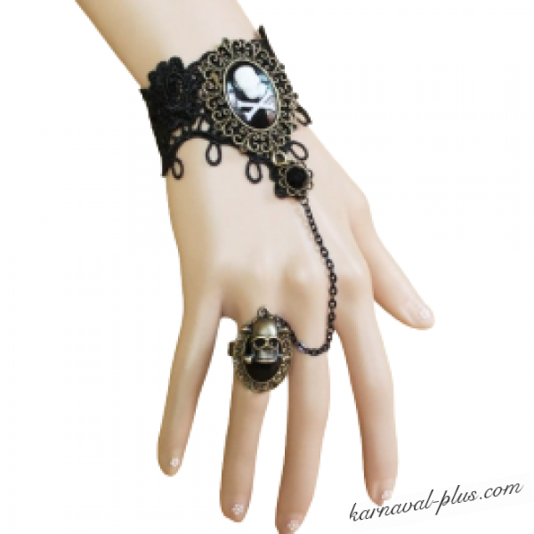 Слейв-браслет кружевной с кольцом и черепами купить, красивые слейв-браслетына руку недорого